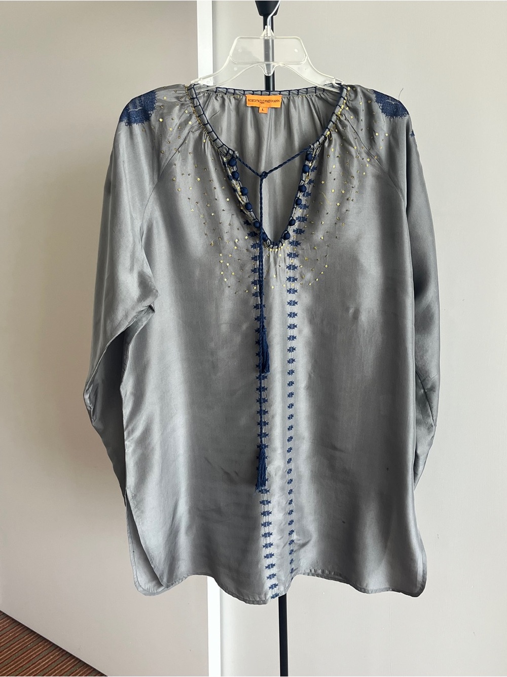 Roberta Freymann 100% Silk Dress Bohemian Long Sleeve Embroidered Sequins Gray L